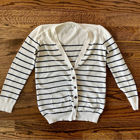 Madewell Sweaters - Madewell White and Navy Striped Cotton Cardigan Cotton Size Medium Nautical